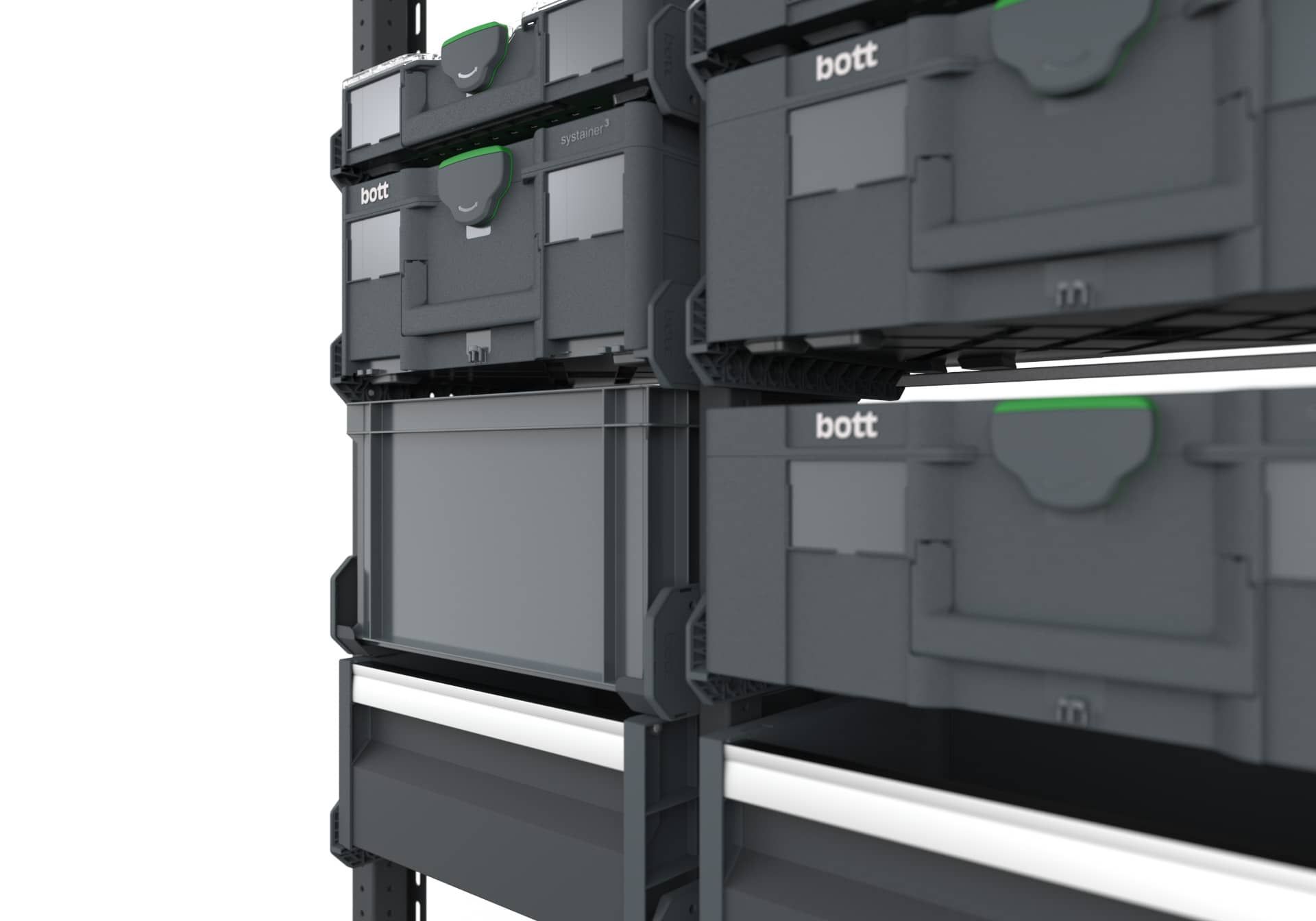 Close up of bott Systainer cases and eurobox stacked in van racking